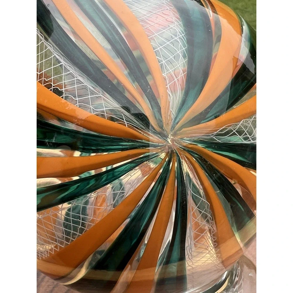 Daniel Graham Signed 2020 Hand Blown Art Glass Vase Reticello Teal Orange 9